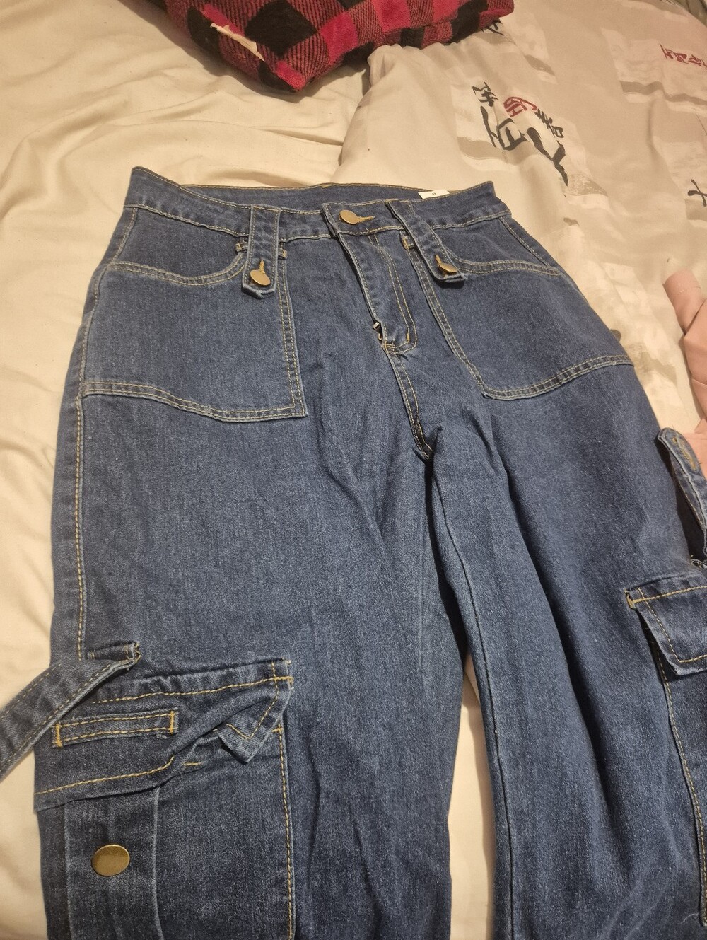 High-Rise Blue Denim Cargo Jeans for Women